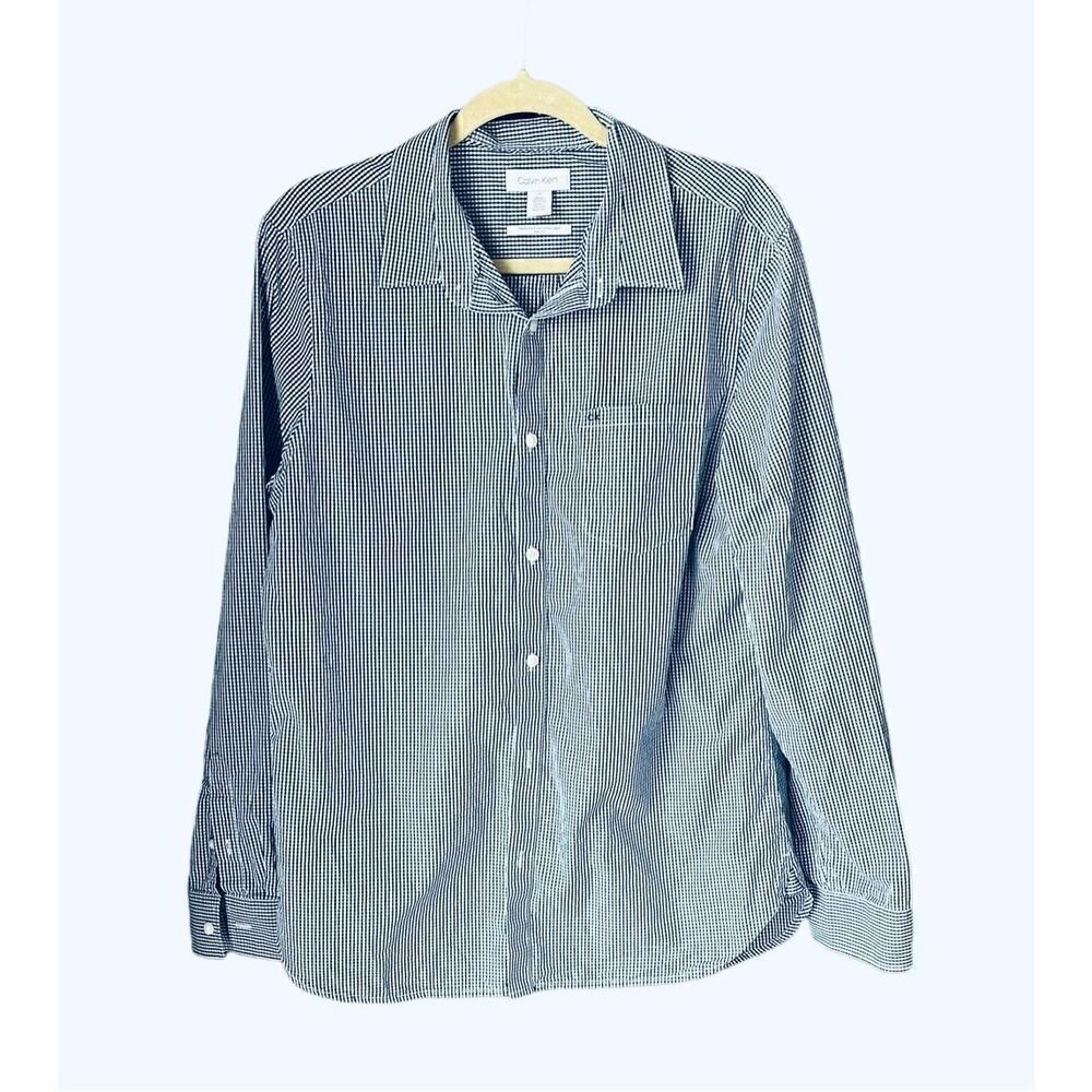 Calvin Klein Men’s Extra-Fine Cotton Shirt Slim Fit Navy and White Check Large